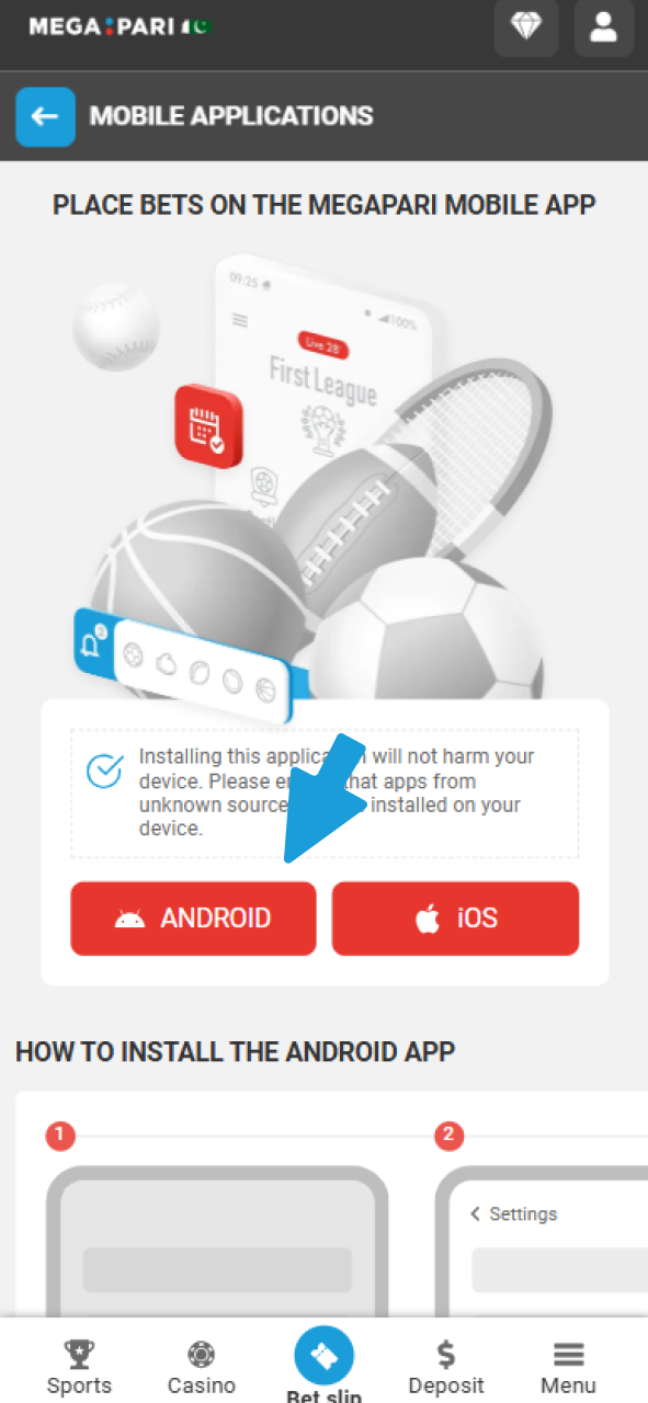Find Android icon at Megapari website and click on it.