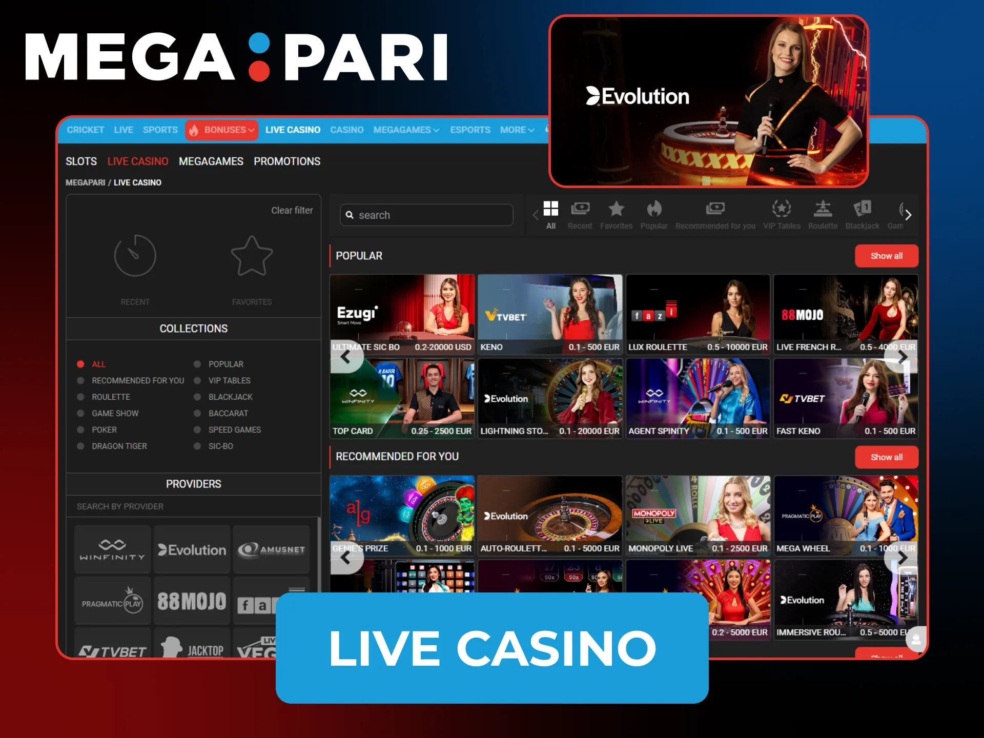 Play against real dealers in Live Casino at Megapari.