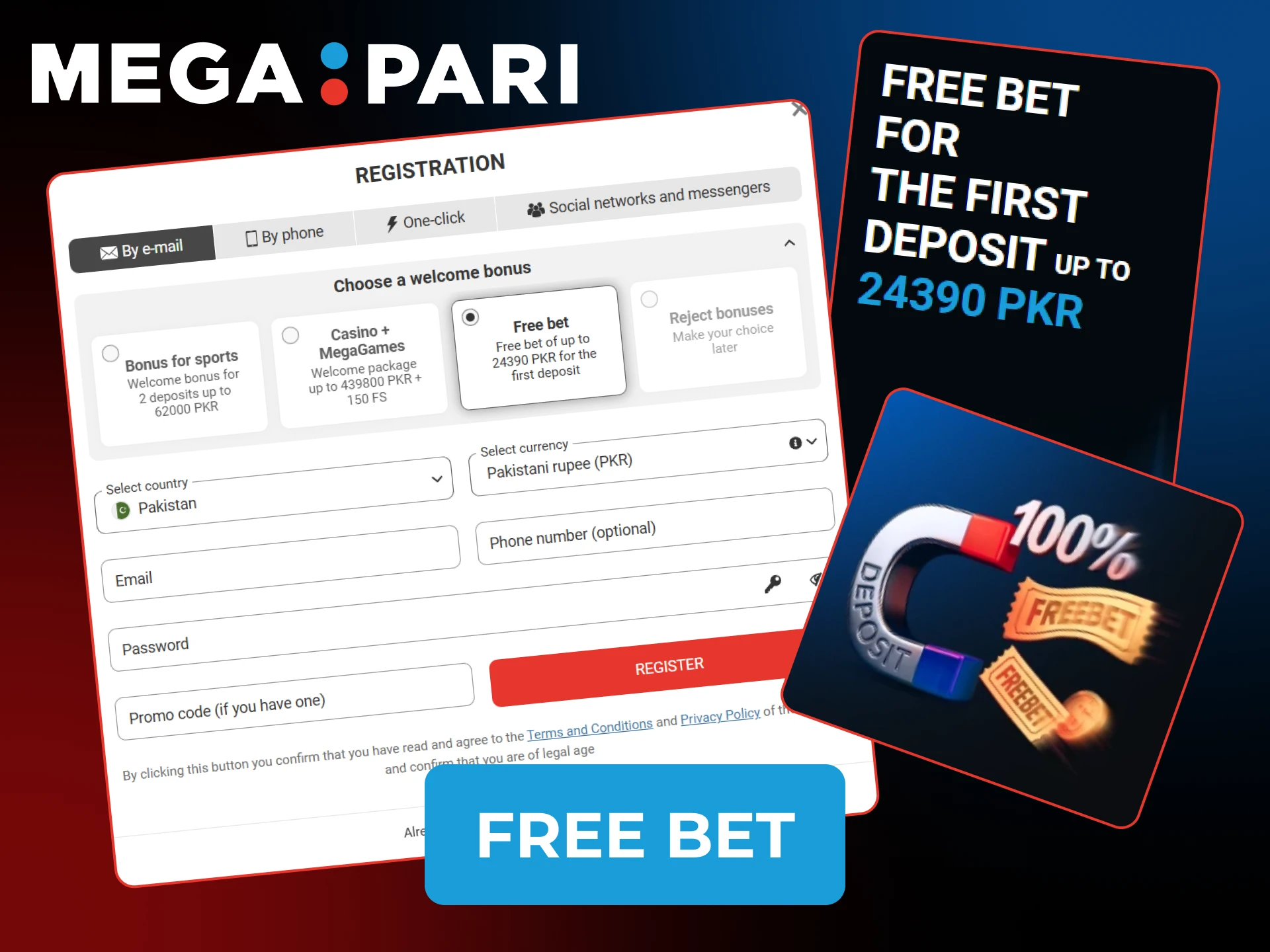 Unlock a Free Bet Welcome Bonus after registration on the Megapari website.