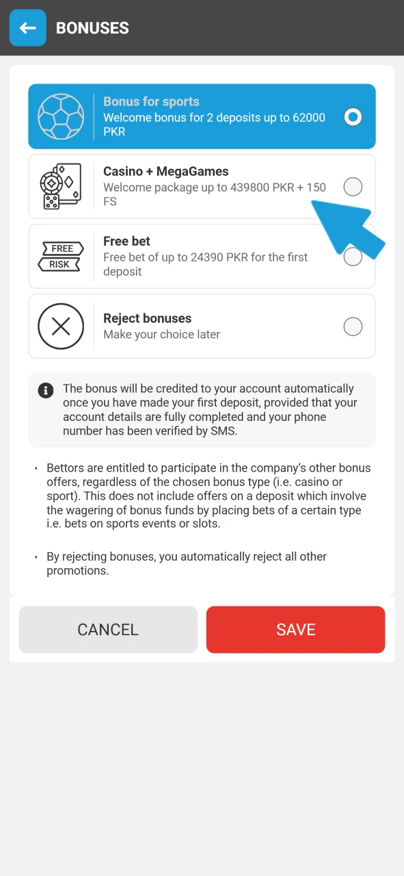 Select your welcome bonus and complete the setup of your Megapari account.