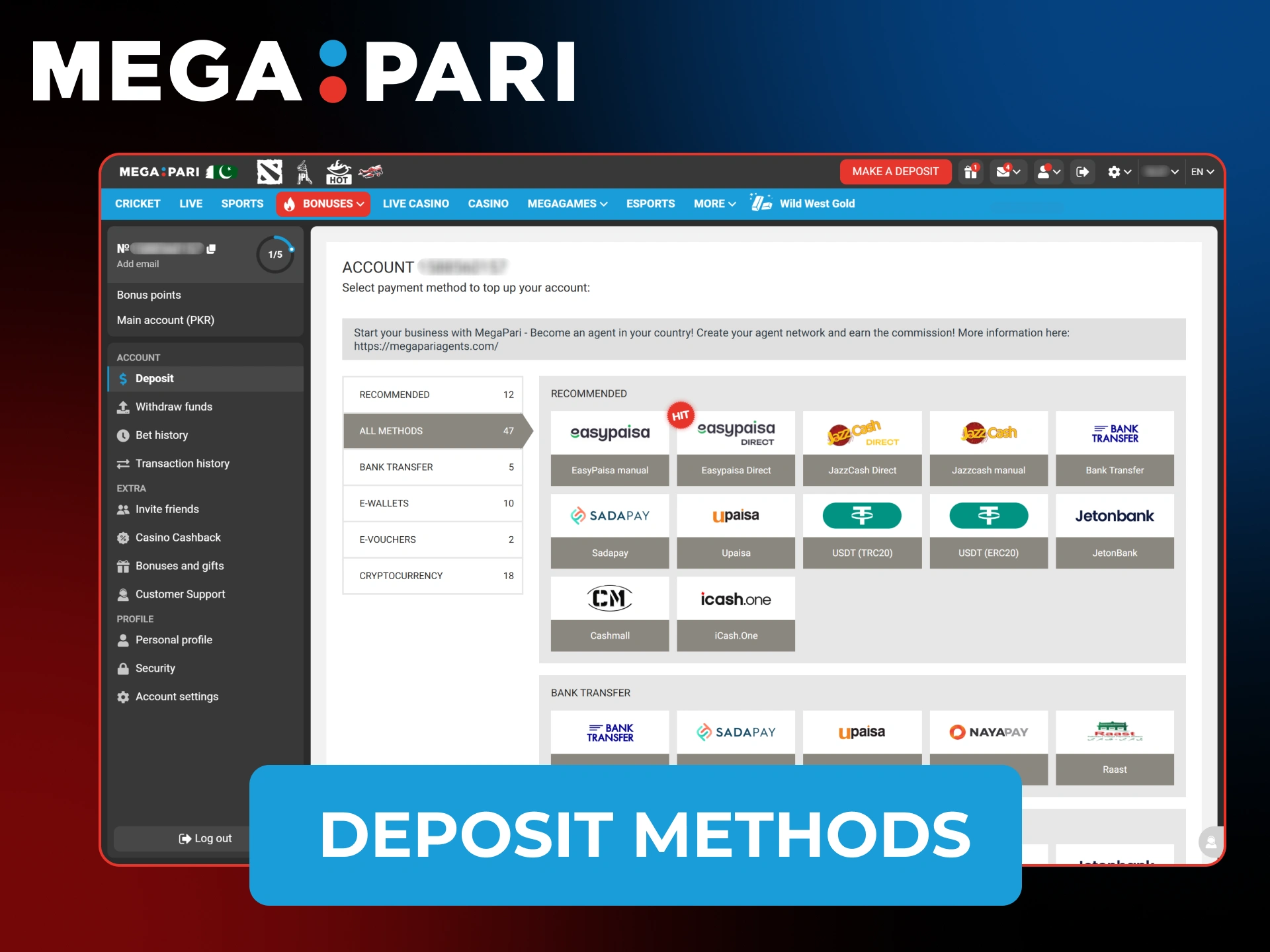 Use secure Pakistani payment systems to fund your MegaPari Aviator account.
