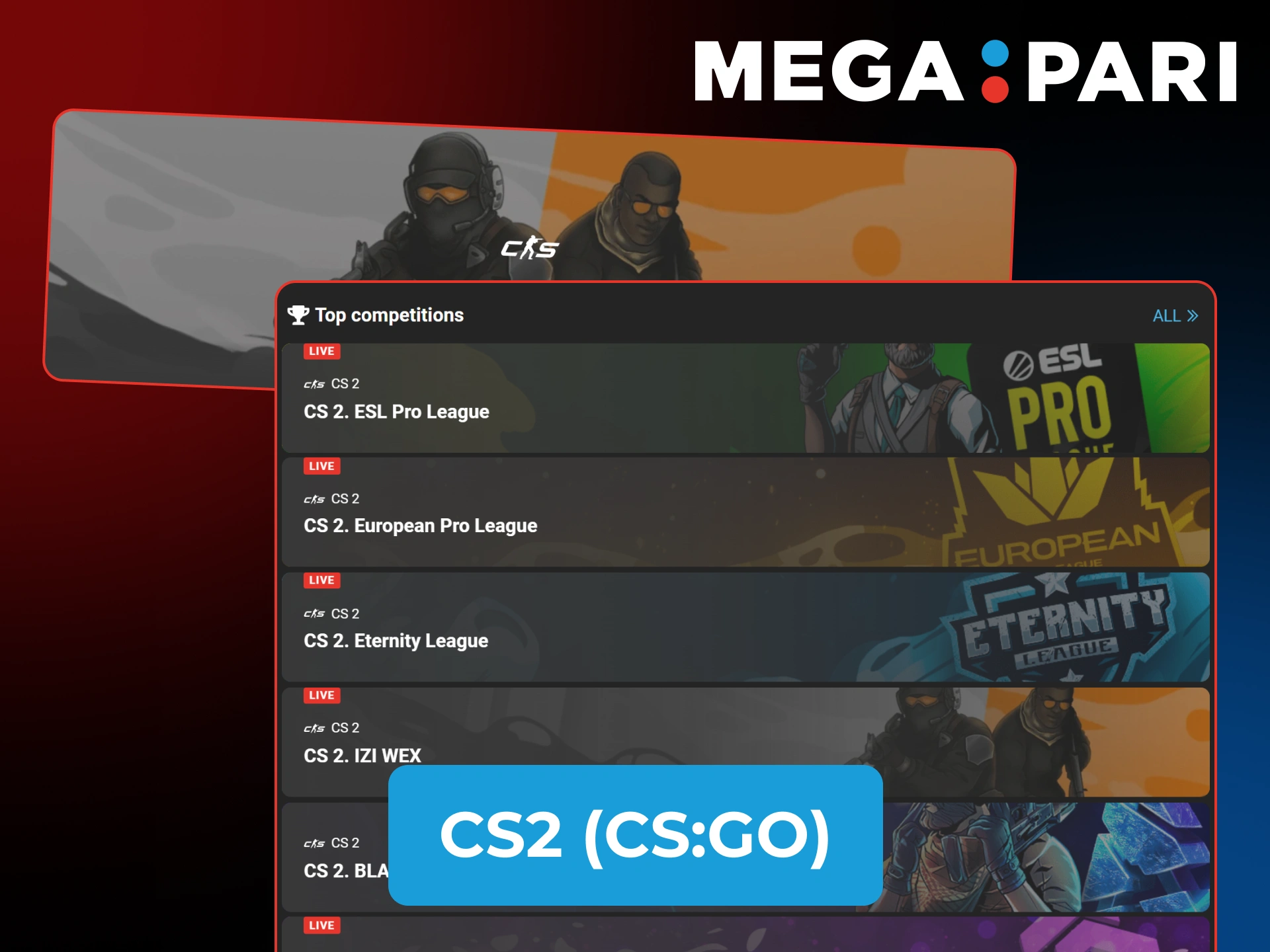 Place competitive wagers on CS2 Esports matches using the MegaPari platform.