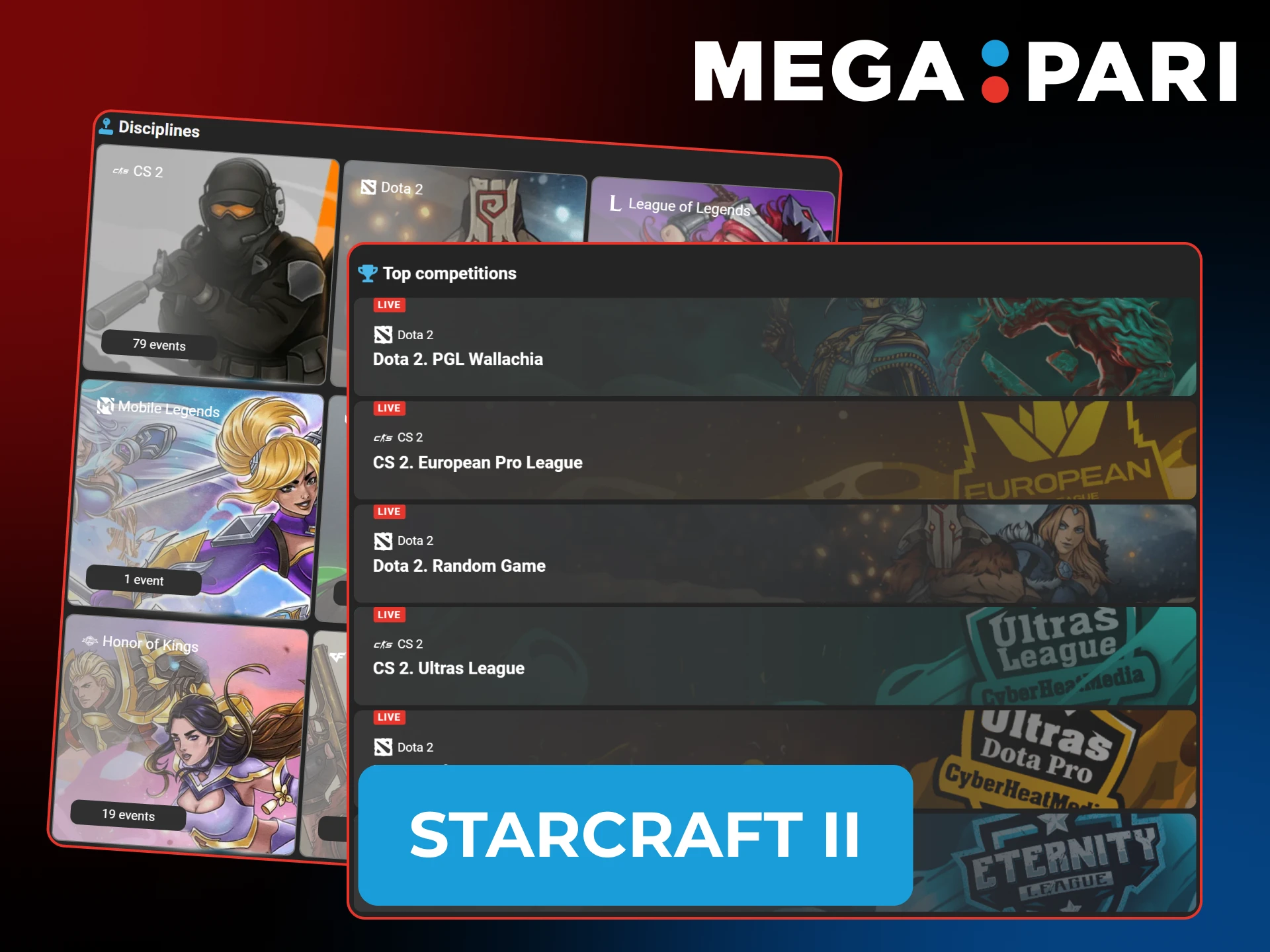 Predict outcomes for Starcraft II Esports events on the MegaPari mobile site.