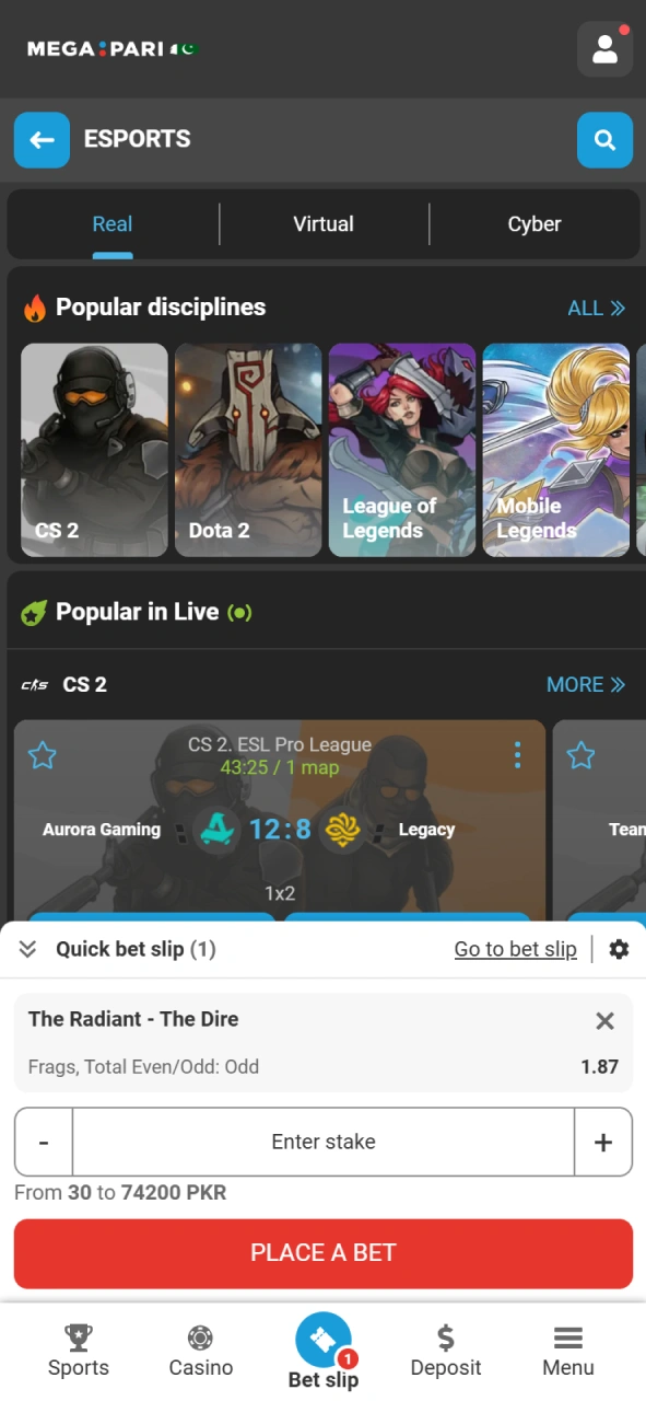 Select an active match and confirm your MegaPari Esports bet.