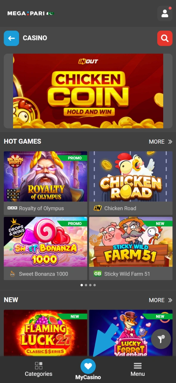 Access the official casino section to browse all MegaPari Slots.